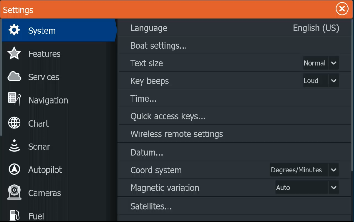 Настройки Lowrance System и пункт Language