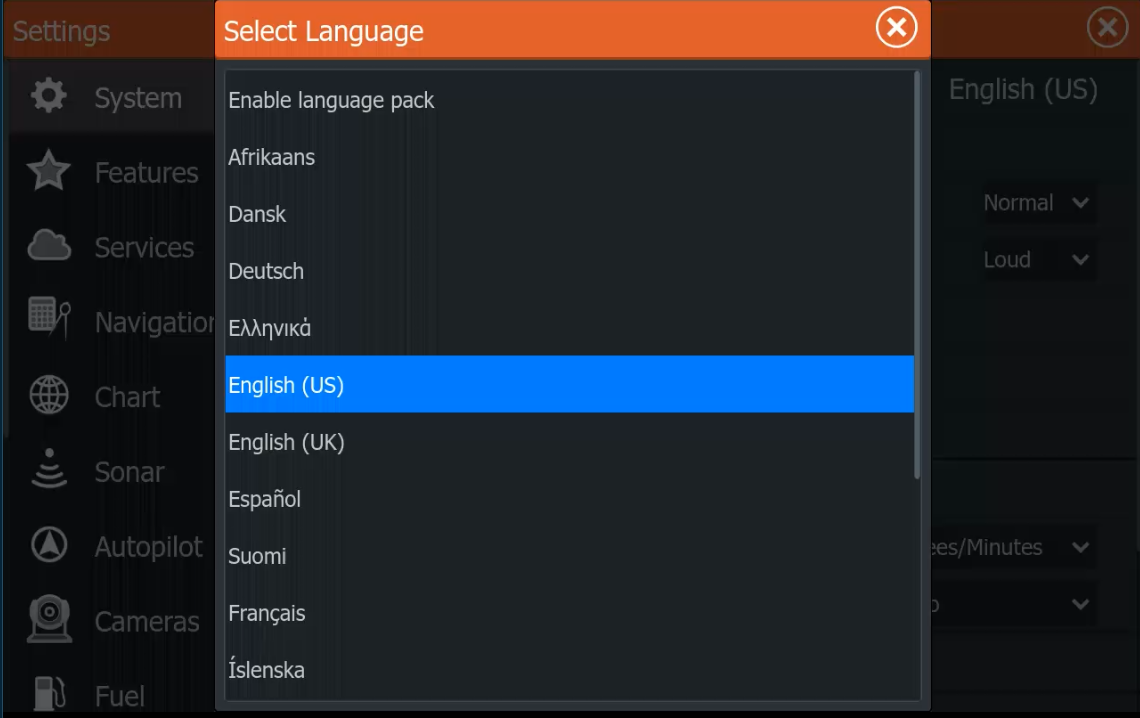 Меню Select Language Lowrance и пункт Enable language pack