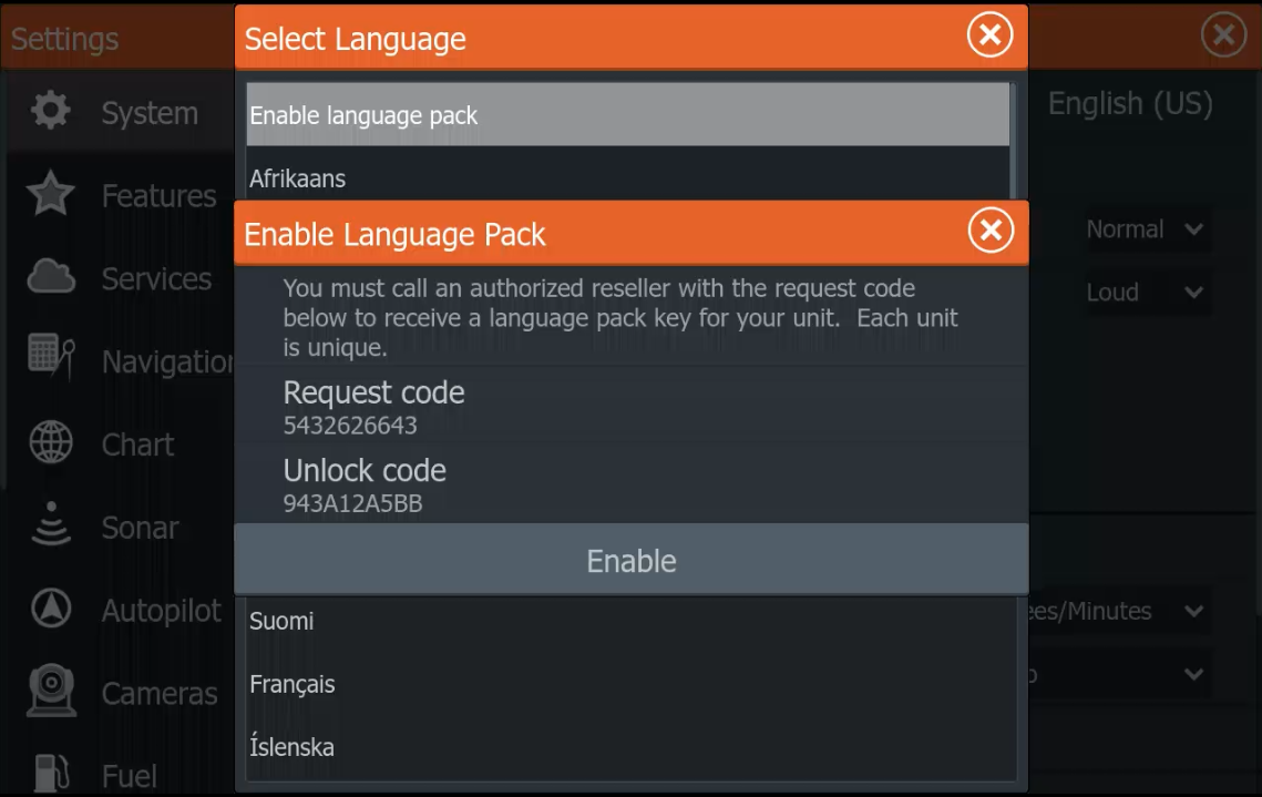 Ввод Unlock code для активации Language Pack Lowrance
