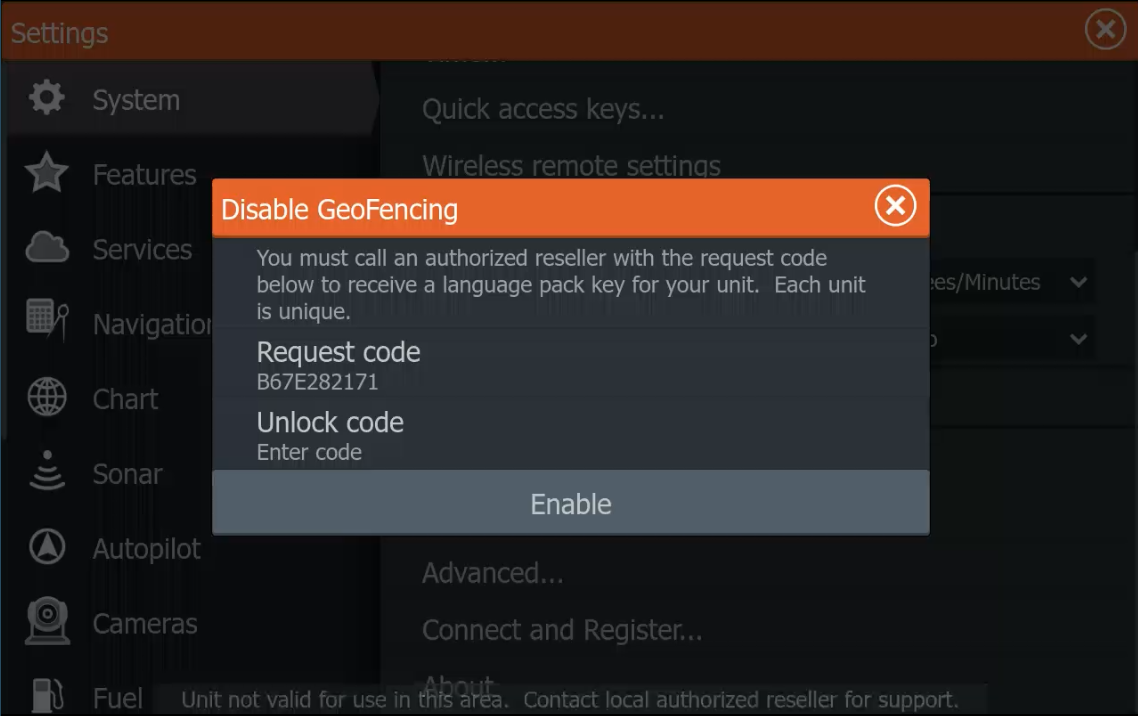 Request code в окне Disable GeoFencing Lowrance