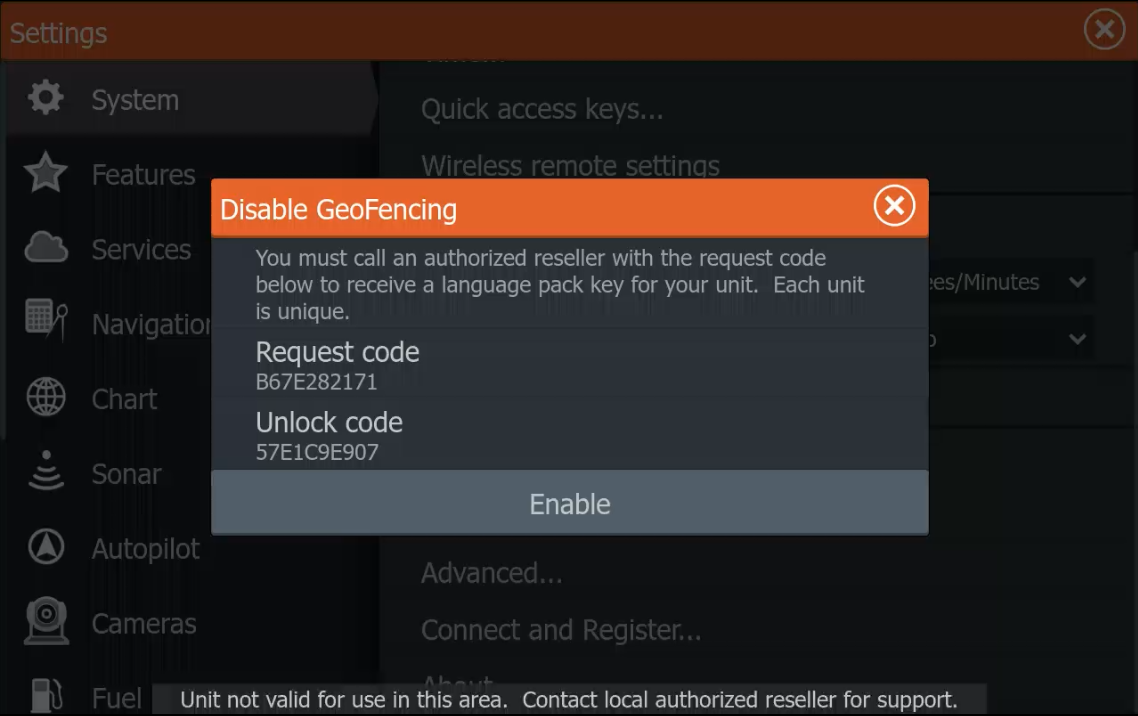Request code и введенный Unlock code в Disable GeoFencing Lowrance